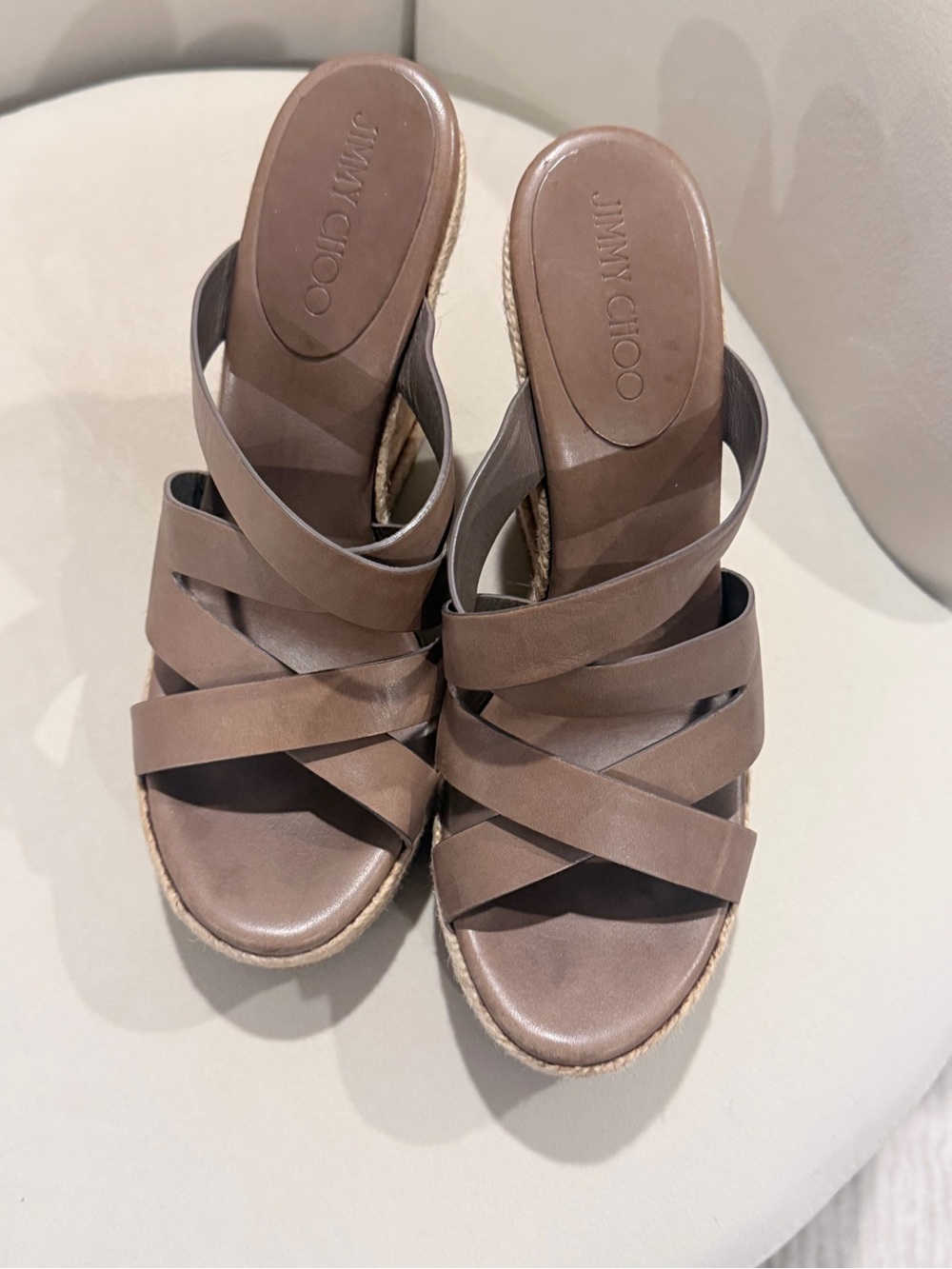 Jimmy Choo Taupe Leather Crisscross Espadrille Wedge Sandals
